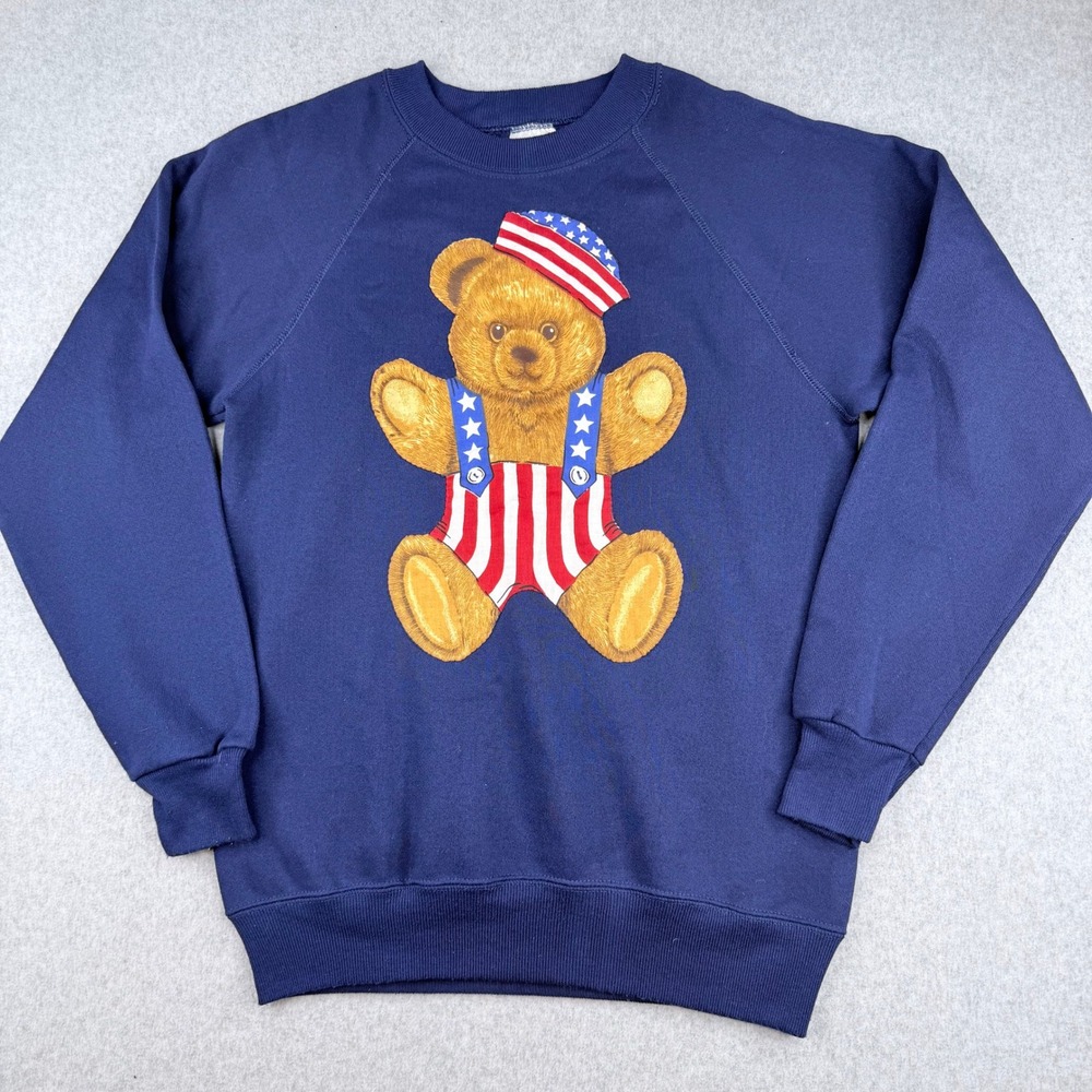 Vintage Hanes Patriotic Teddy Bear Sweatshirt Navy Blue USA Made Mens Medium